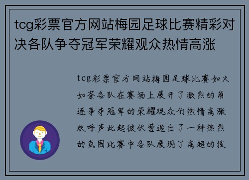 tcg彩票官方网站梅园足球比赛精彩对决各队争夺冠军荣耀观众热情高涨