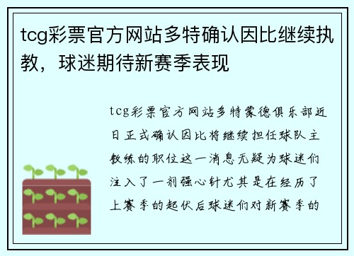 tcg彩票官方网站多特确认因比继续执教，球迷期待新赛季表现